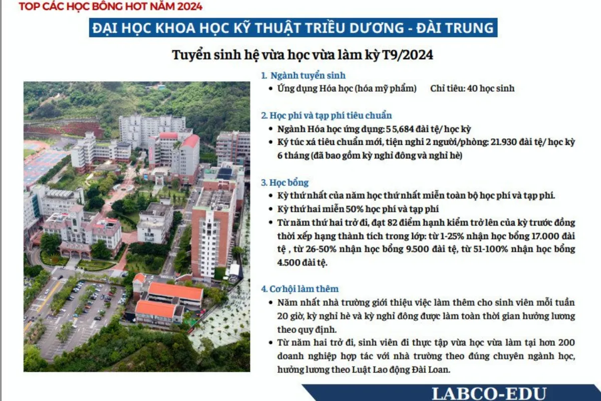 Học bổng hệ vừa học vừa làm tại trường Đại học Khoa Học Kỹ Thuật Triều Dương của Labco